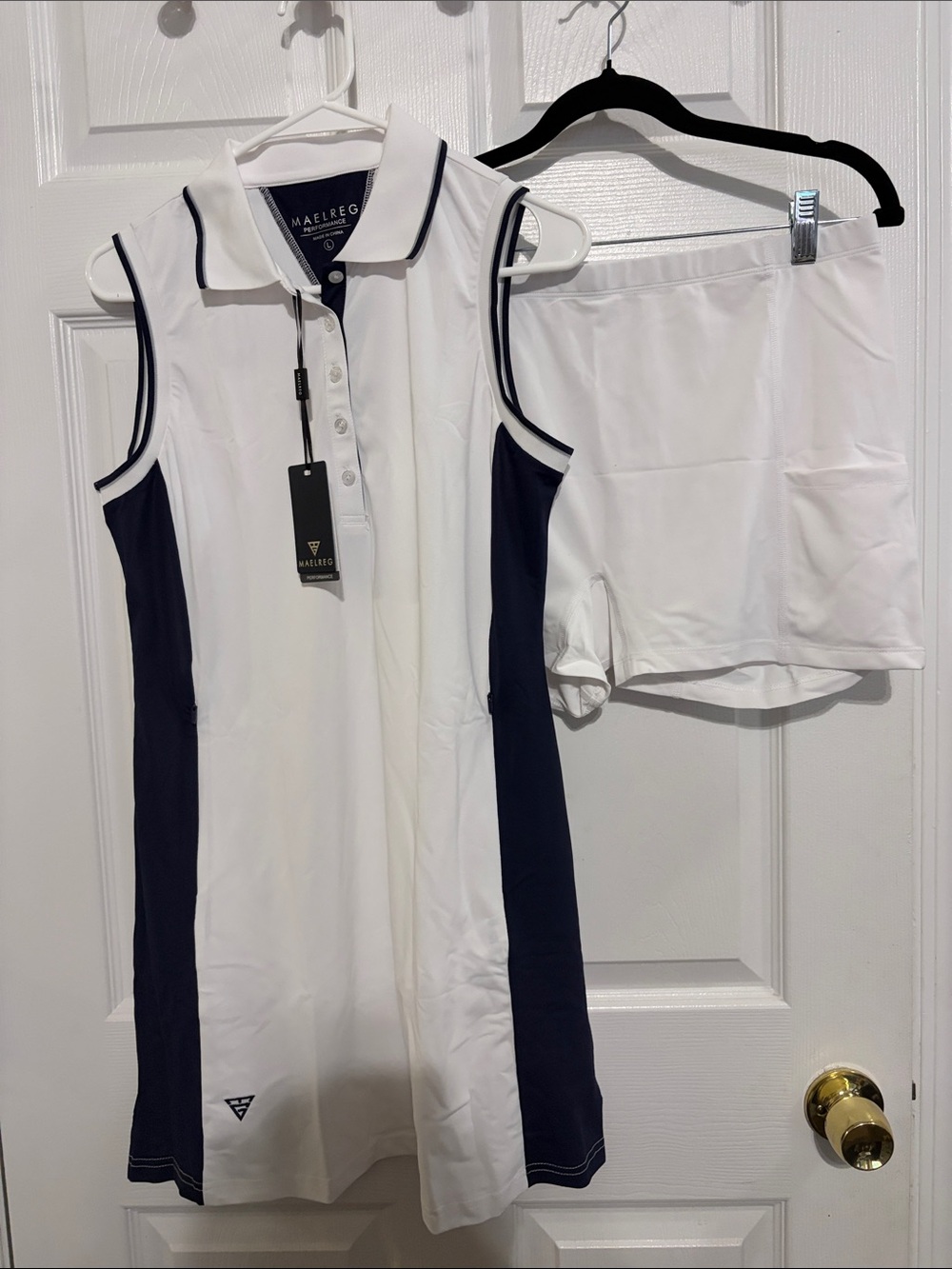 MAELREG Performance White Polo Tennis Dress with Navy Trim